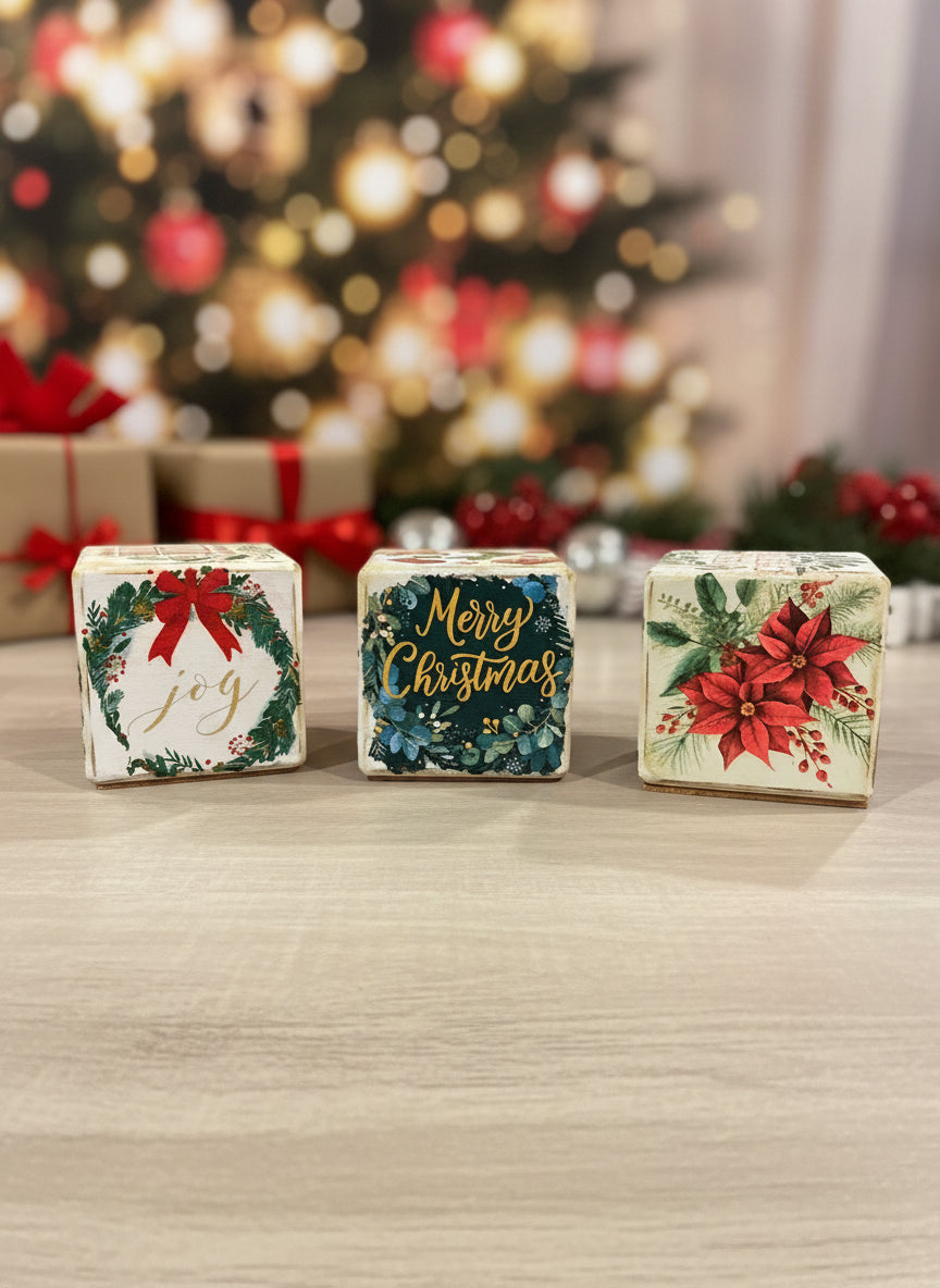 🎄 “JOY” Decoupaged Wood Block Set – Handmade Holiday Décor 🎄