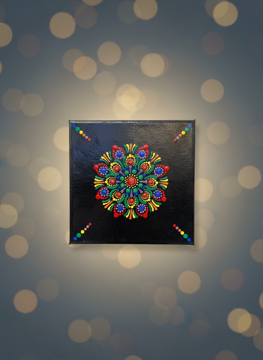 Vibrant Rainbow Dot Mandala on Black Canvas 6x6