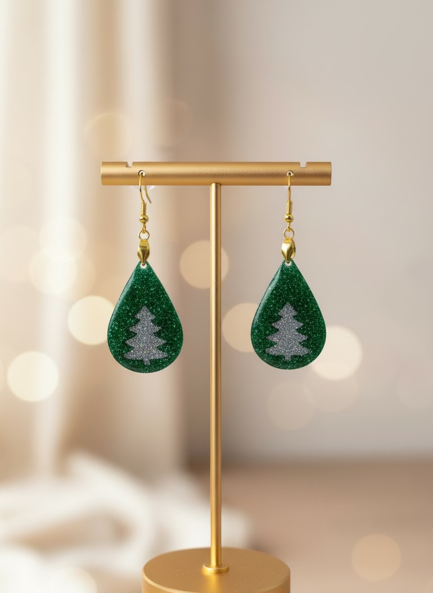Teardrop Pine Tree Resin Dangle Earrings