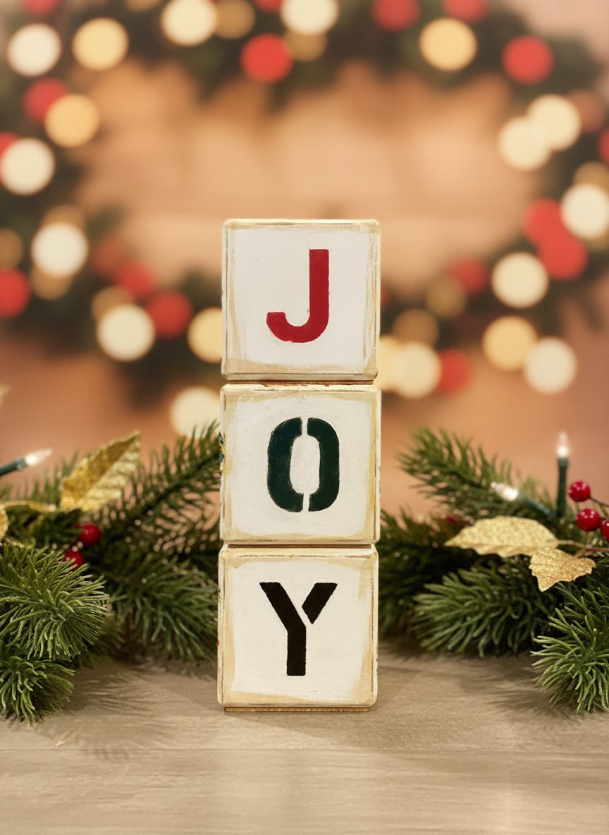 🎄 “JOY” Decoupaged Wood Block Set – Handmade Holiday Décor 🎄