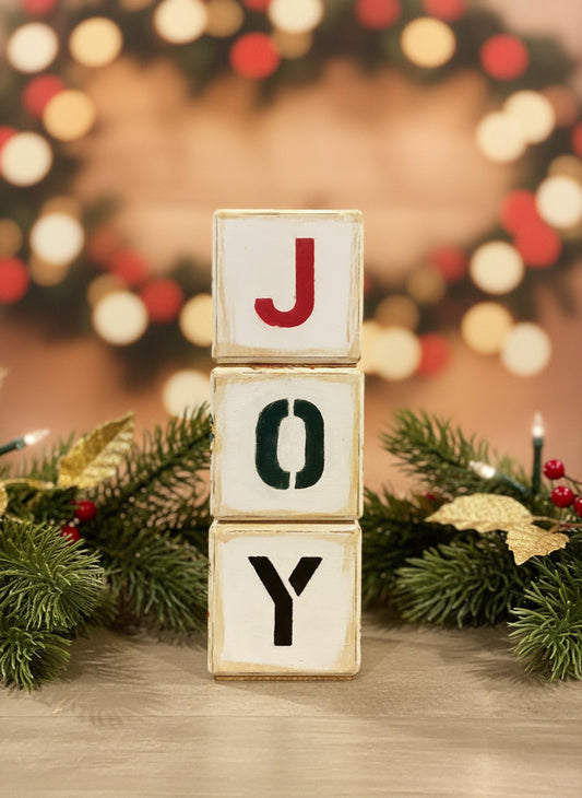 🎄 “JOY” Decoupaged Wood Block Set – Handmade Holiday Décor 🎄