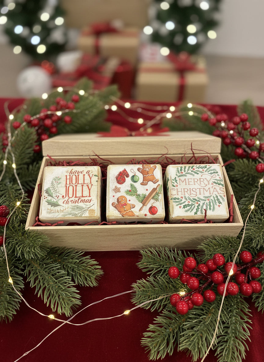 🎄 “JOY” Decoupaged Wood Block Set – Handmade Holiday Décor 🎄