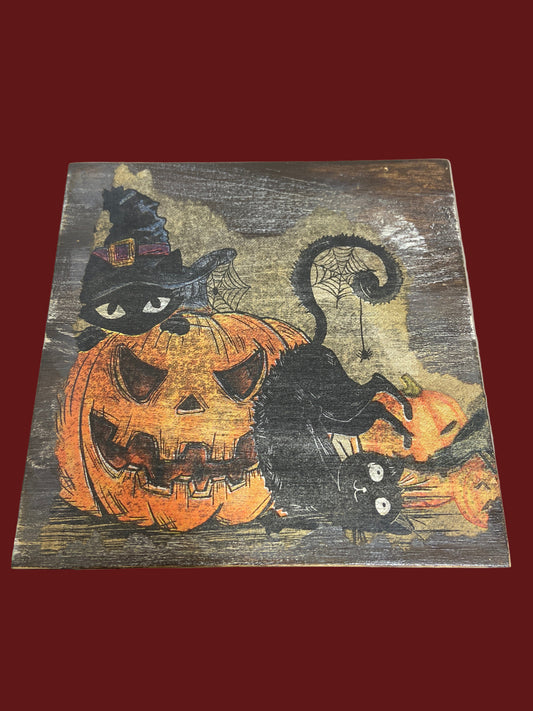 Halloween Shelf Sitter - Cat & Haunted House 5x5 (double sided)