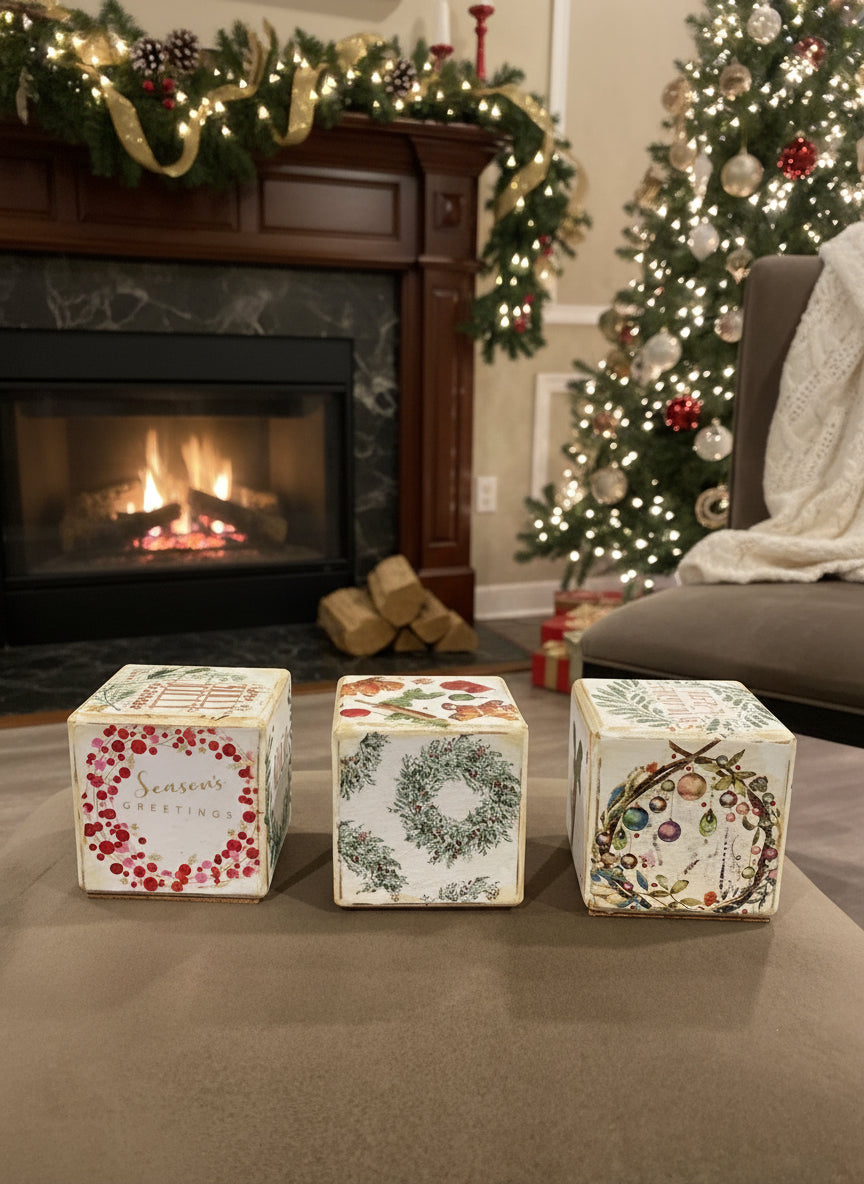 🎄 “JOY” Decoupaged Wood Block Set – Handmade Holiday Décor 🎄