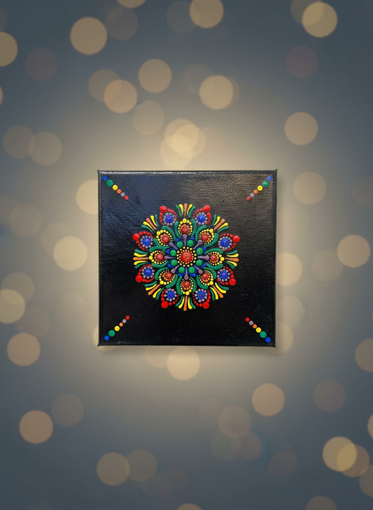 Vibrant Rainbow Dot Mandala on Black Canvas 6x6