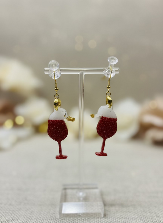 Santa Hat Wine Glass Resin Dangle Earrings