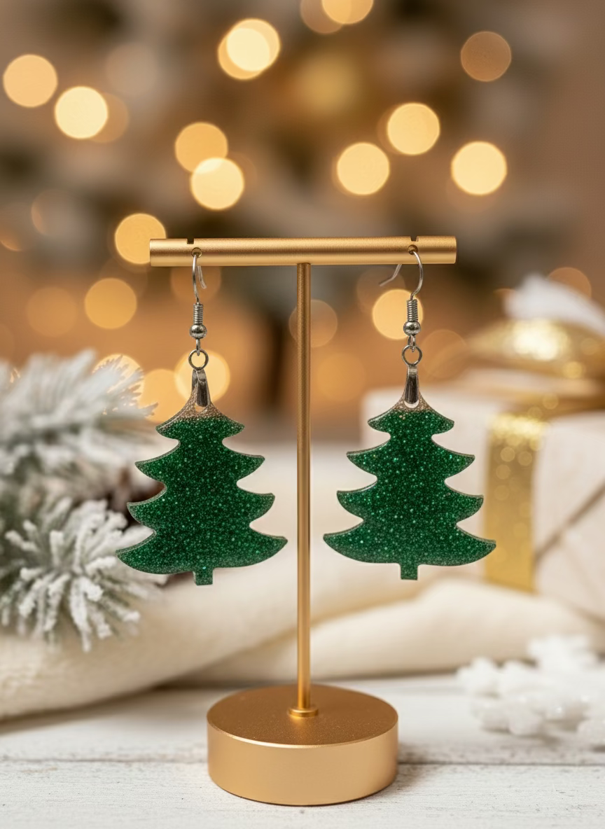 Glitter Pine Tree Resin Dangle Earrings